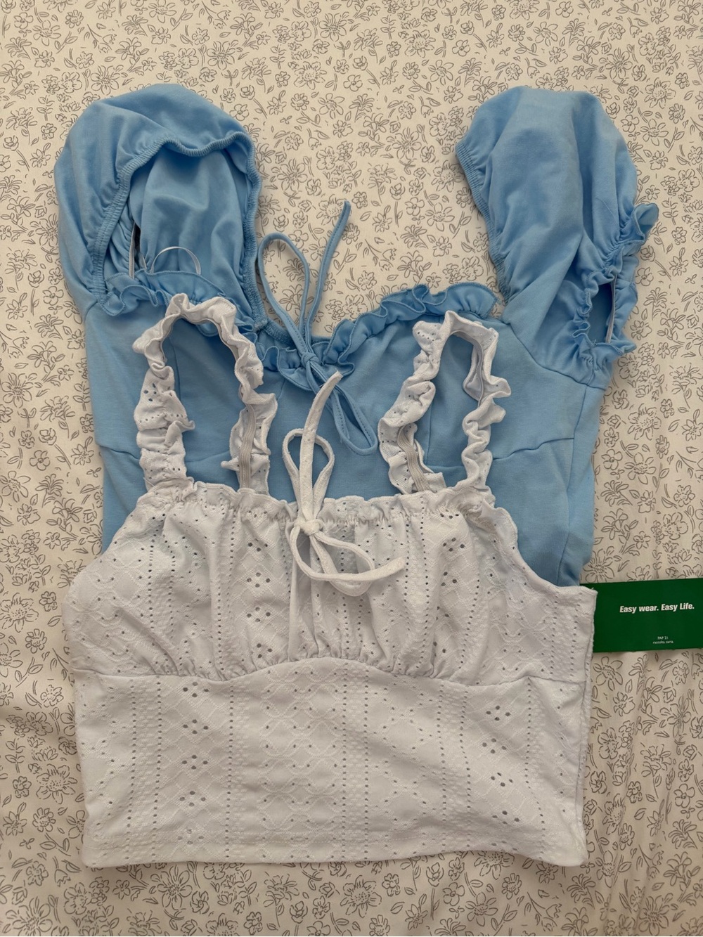 Light Blue & White Eyelet Ruffle Tank Tops - Women